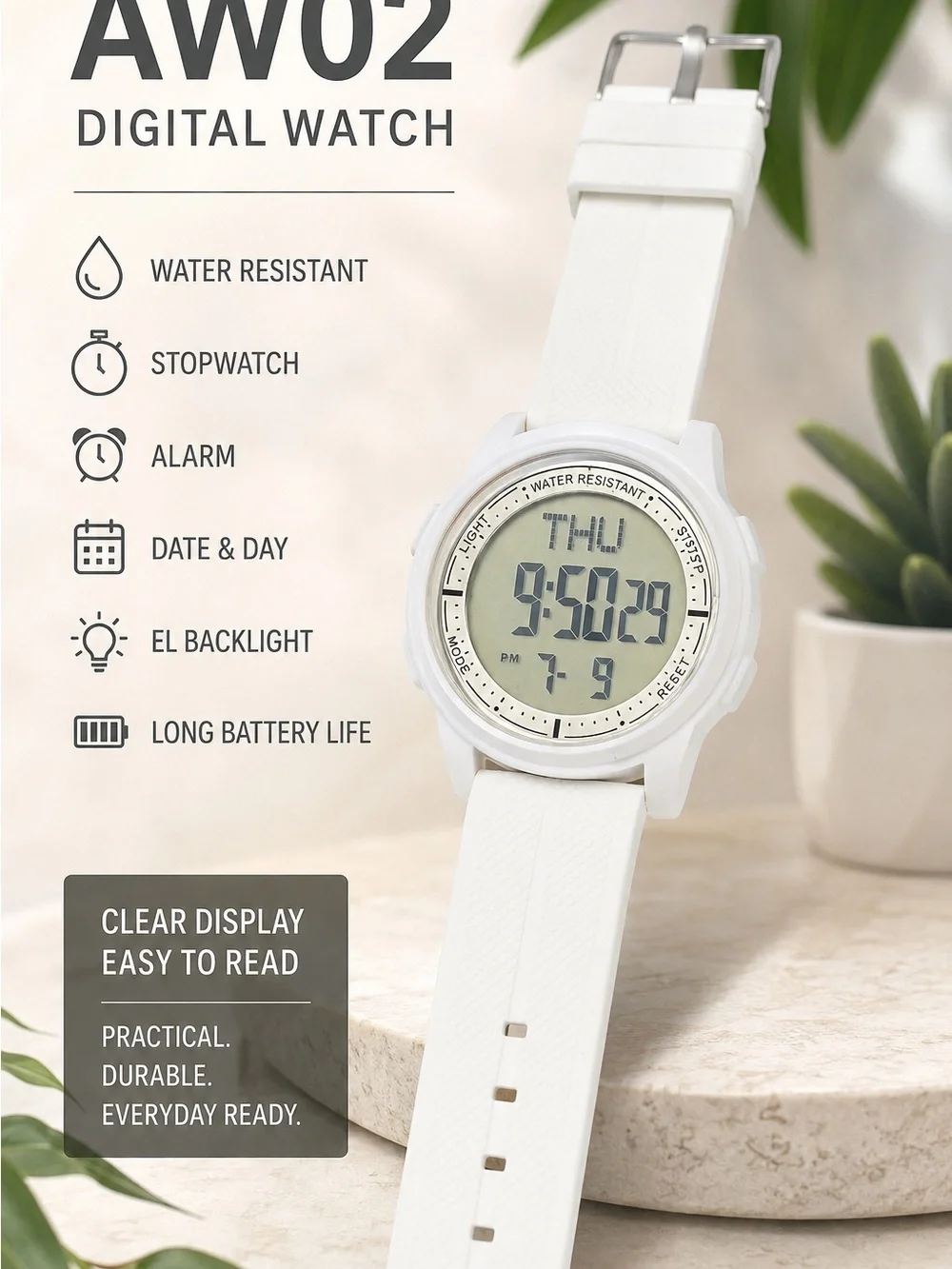 AW02 White Digital Sports Watch – Water-Resistant Everyday Wear